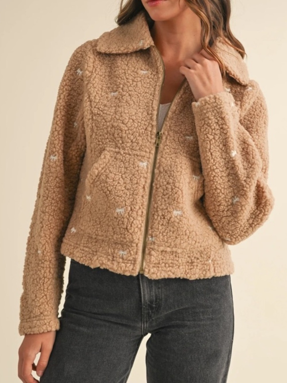 Mable Tiara Bow Embroidered Taupe Teddy Jacket Size Small